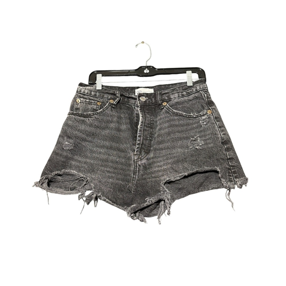 Zara Denim Shorts Womens Size 8 Black Distressed High Rise Frayed Raw Hem